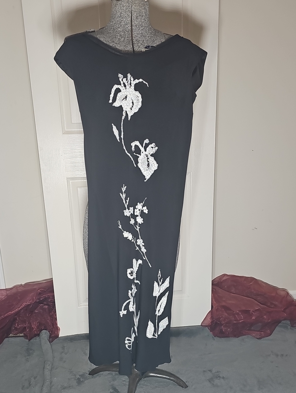 Maria Grazia Severi Italy Black Sequin Floral Embroidered Maxi Dress IT 44 US 8
